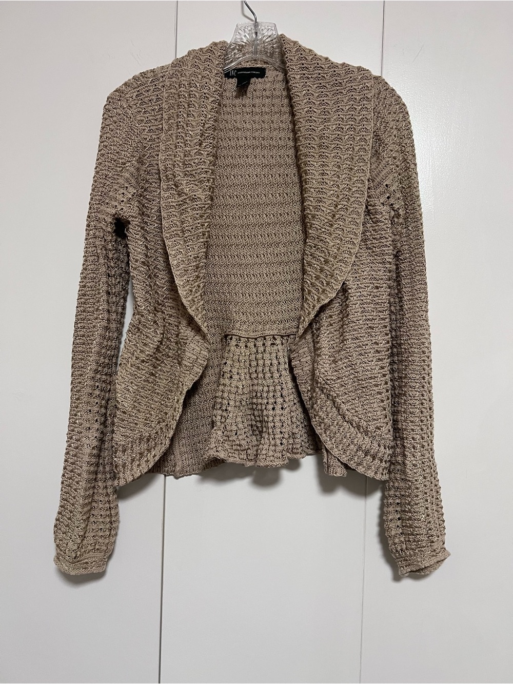 INC International Concepts Beige Draped Ruffle Open Y2K Cardigan Sweater M Boho